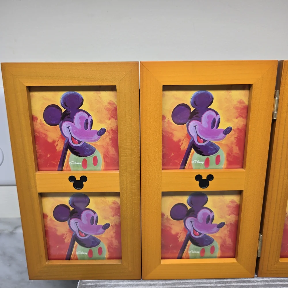Disney Parks Mickey Mouse Ears Hinged 6 Picture Wood Trifold Photo Frame 8.75x14